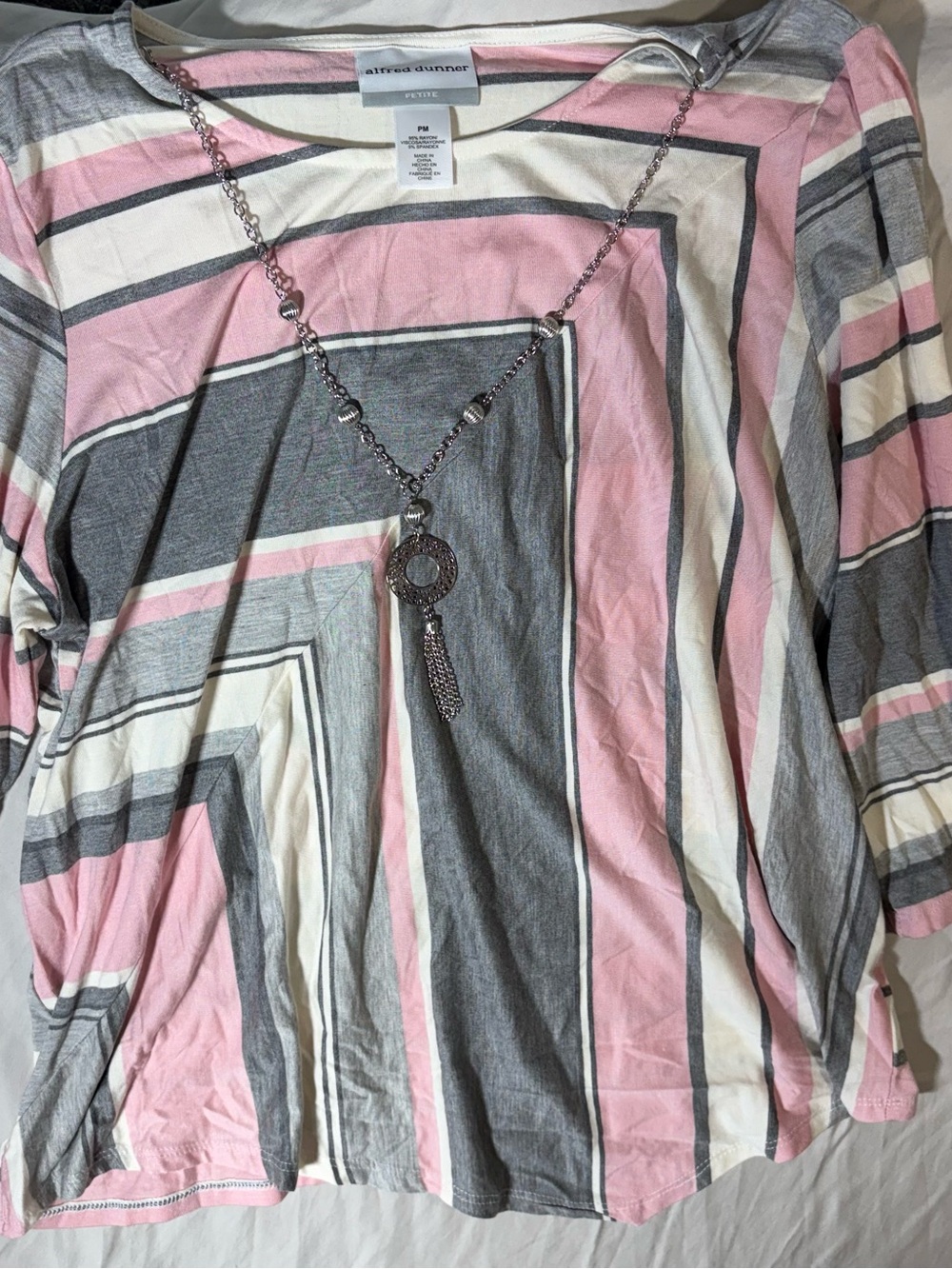 Alfred Dunner Pink, Gray & Cream Striped Long Sleeve Top